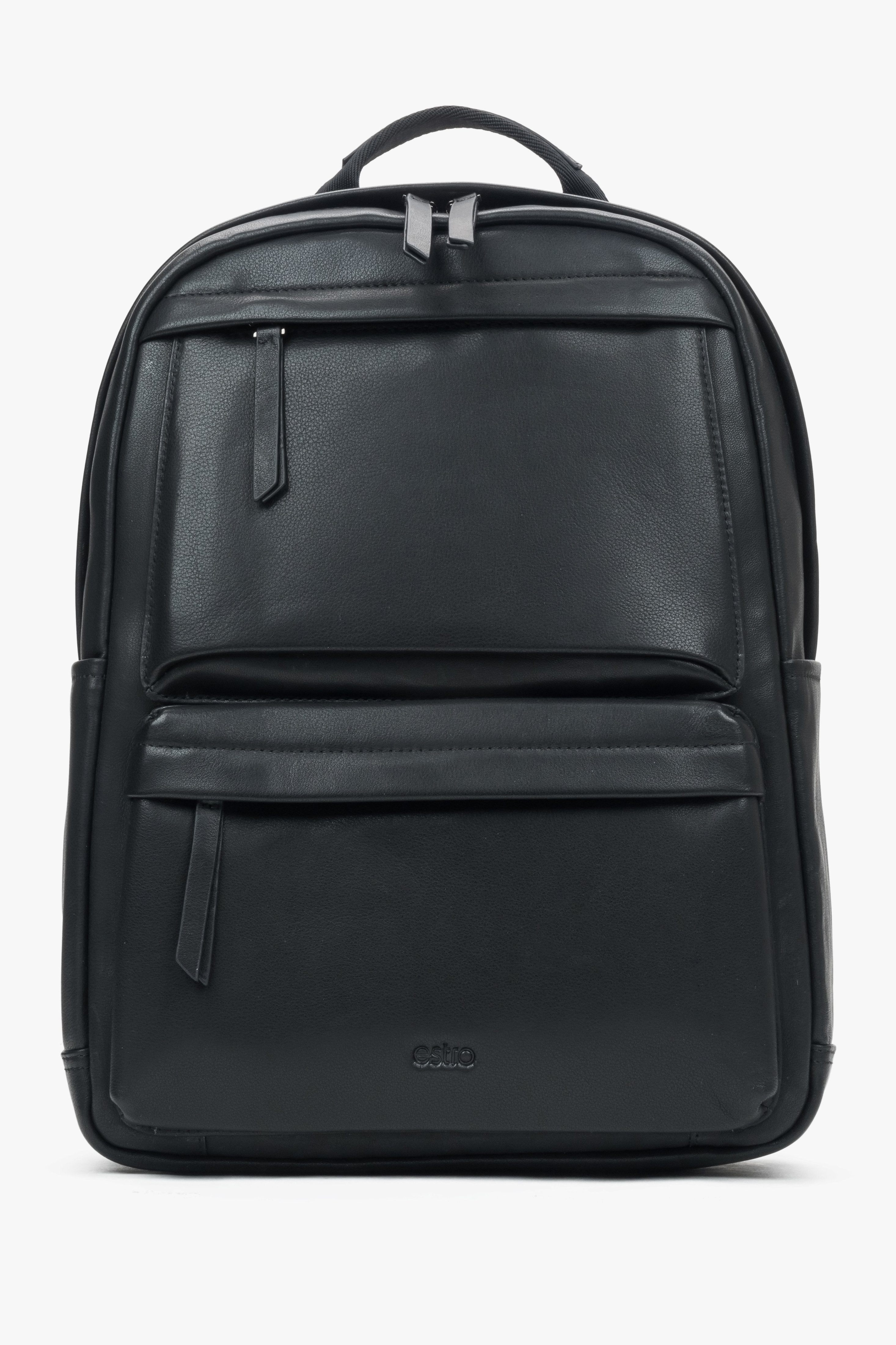 Frontale Ansicht des schwarzen Herren-City-Rucksacks aus Echtleder und Textilmaterial