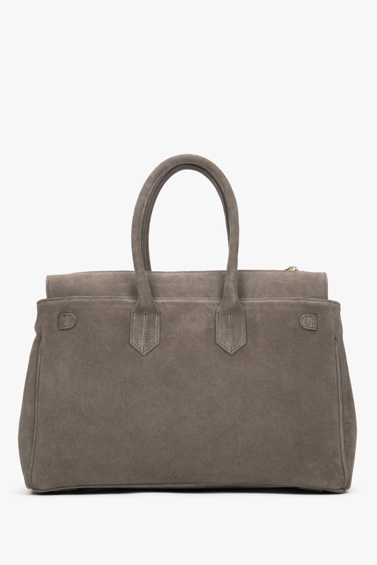 Rückwärtige, cleane Ansicht der eleganten taupefarbenen Henkeltasche