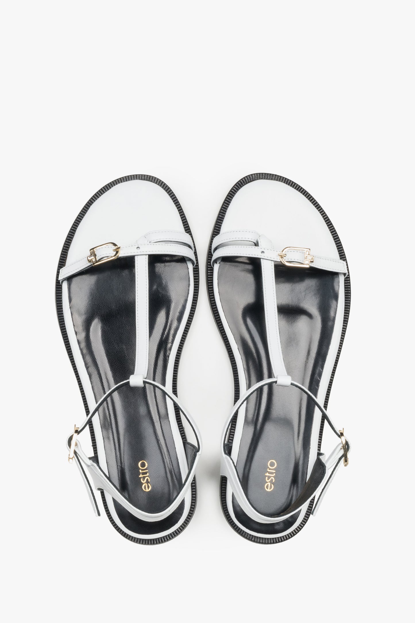Weiße Damen-Sandalen aus echtem Leder von oben mit goldfarbenen Details
