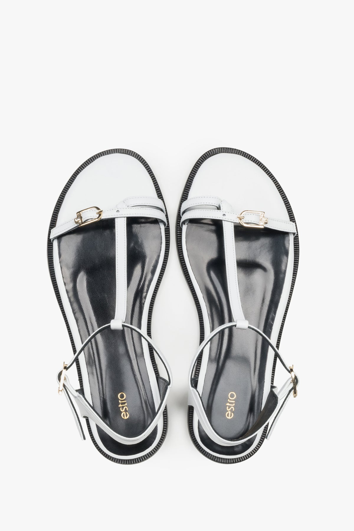 Weiße Damen-Sandalen aus echtem Leder von oben mit goldfarbenen Details