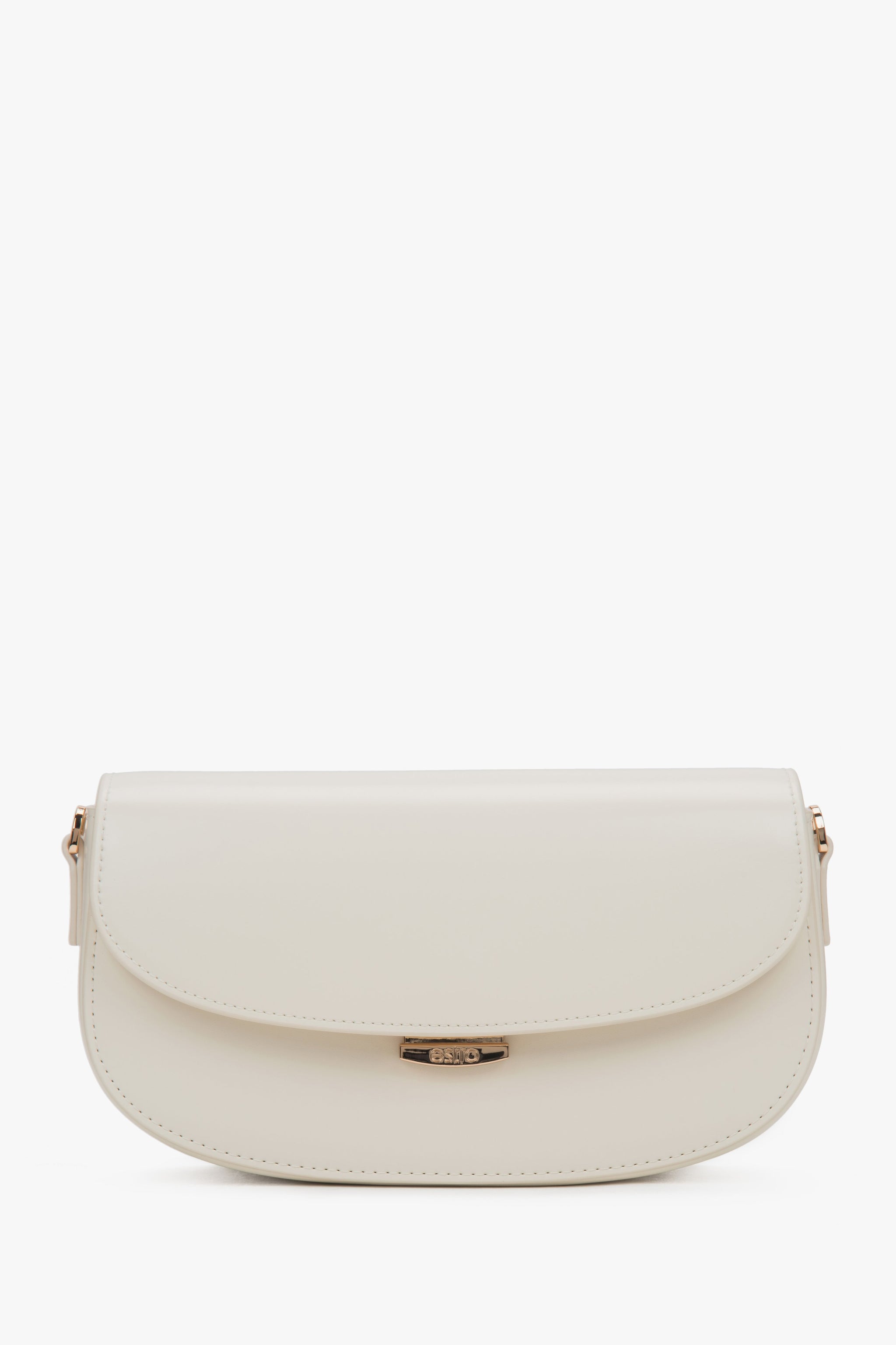 Frontalansicht der weißen Leder-Schultertasche mit minimalistischem Design.