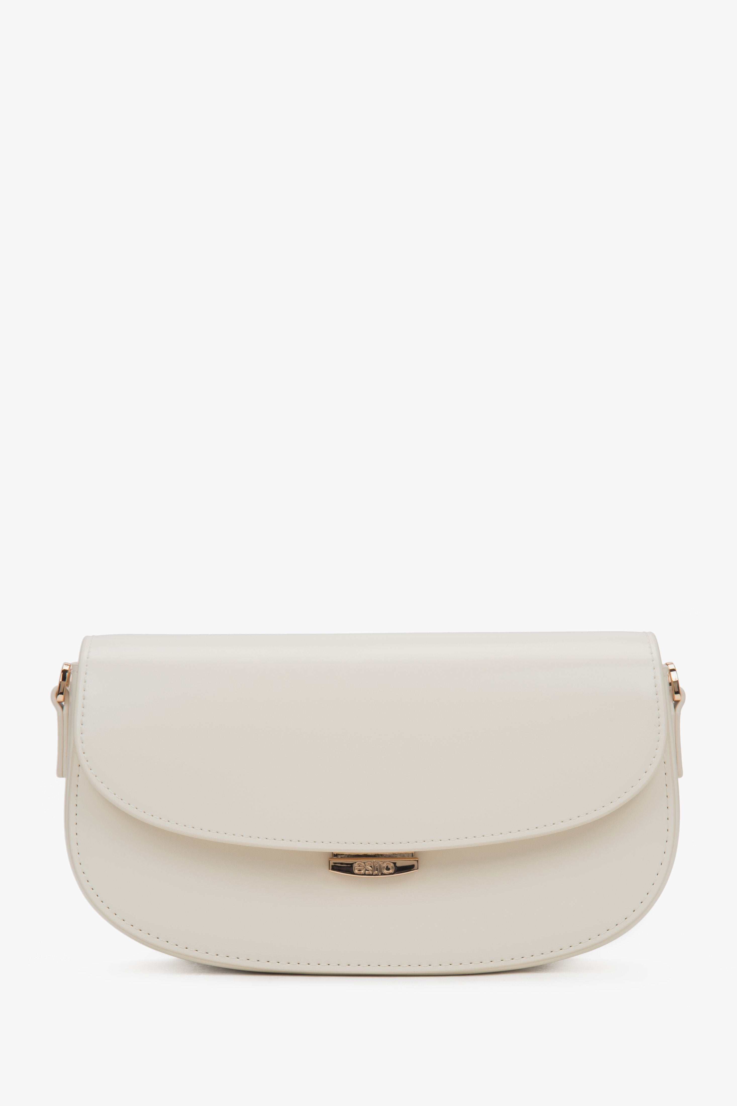 Frontalansicht der weißen Leder-Schultertasche mit minimalistischem Design.