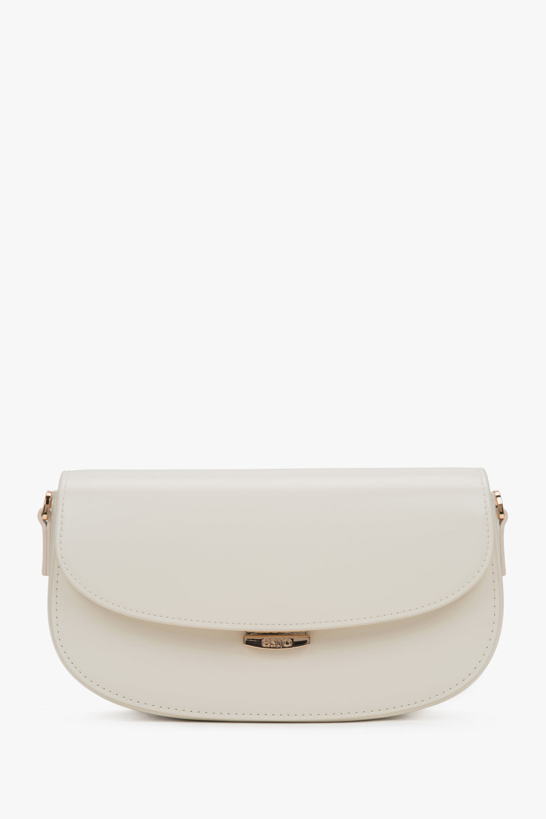 Frontalansicht der weißen Leder-Schultertasche mit minimalistischem Design.