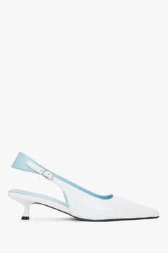 Weißer Damen-Slingpumps aus Echtleder von der Seite mit hellblauem Absatz
