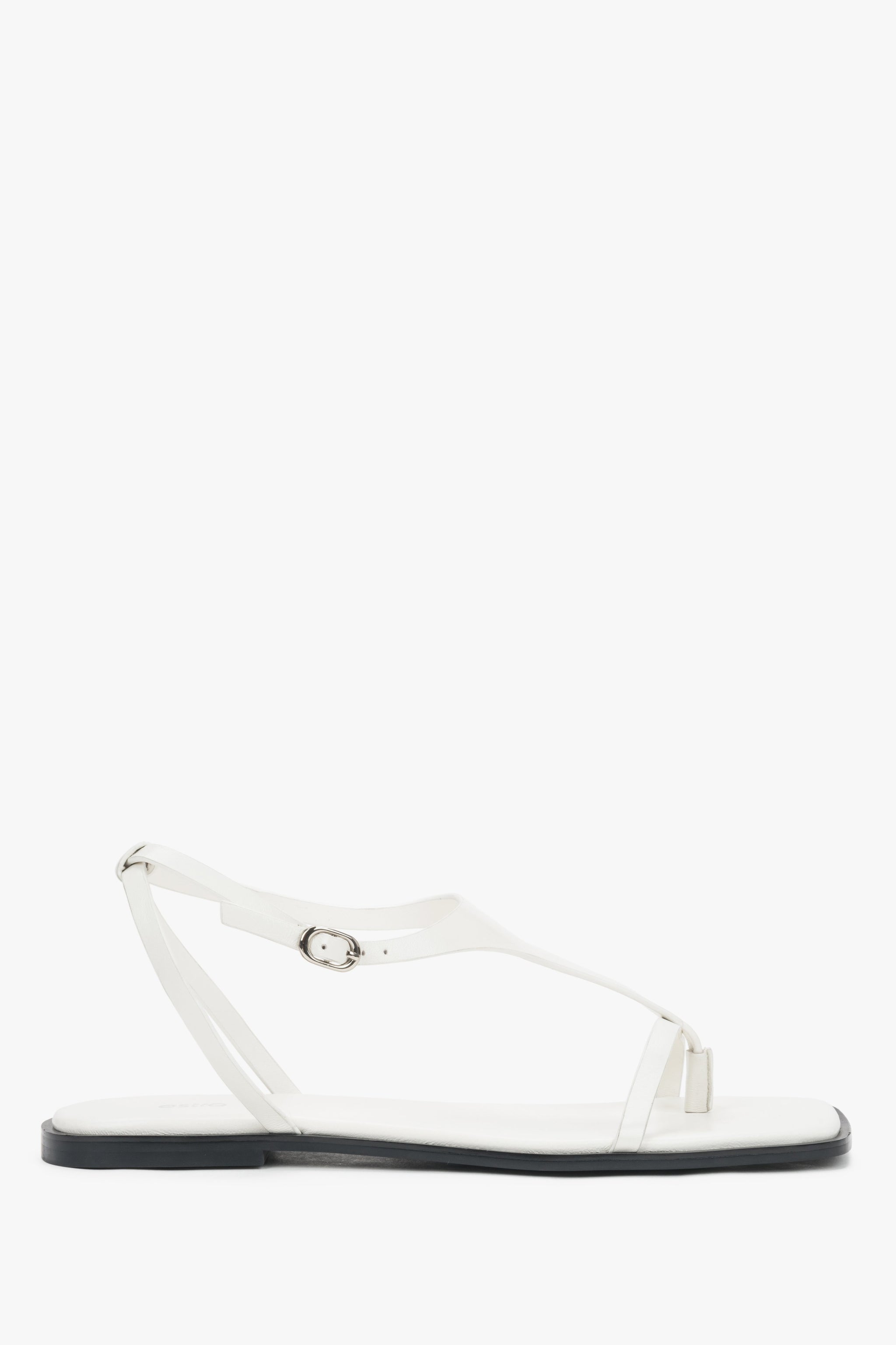 Weiße flache Damen-Sandalen aus echtem Leder in Seitenansicht